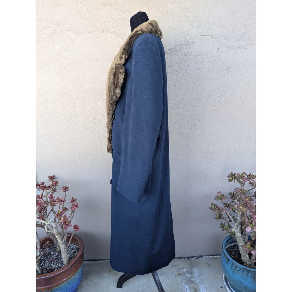 💜Perry Ellis 1980s Navy Wool Maxi Coat Faux Fur Collar - Picture 3 of 15